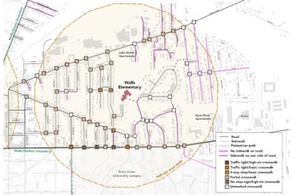 Map showing sidewalks and crosswalks in 1 mile radius to Walls Elementary School.