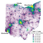 A map of Ohio 2020 election at the precinct scale with one dot representing each vote and colors by precinct based on voting outcome, illustrating classic urban/rural divide but also a slightly less Republican lean in small towns.