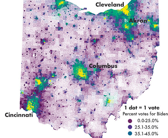 A map of Ohio 2020 election at the precinct scale with one dot representing each vote and colors by precinct based on voting outcome, illustrating classic urban/rural divide but also a slightly less Republican lean in small towns.