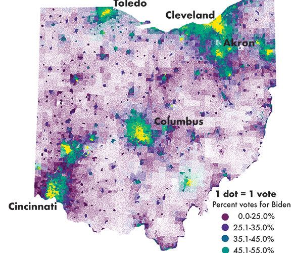 A map of Ohio 2020 election at the precinct scale with one dot representing each vote and colors by precinct based on voting outcome, illustrating classic urban/rural divide but also a slightly less Republican lean in small towns.