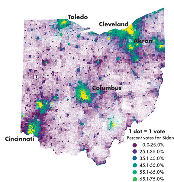 A map of Ohio 2020 election at the precinct scale with one dot representing each vote and colors by precinct based on voting outcome, illustrating classic urban/rural divide but also a slightly less Republican lean in small towns.